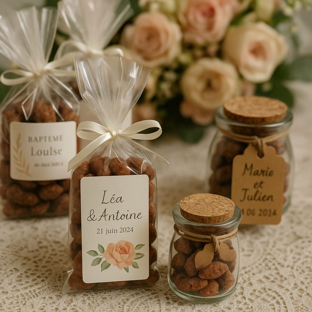 Pralines artisanales personnalisées en sachets et pots en verre pour mariage et baptême, décorés avec étiquettes et fleurs