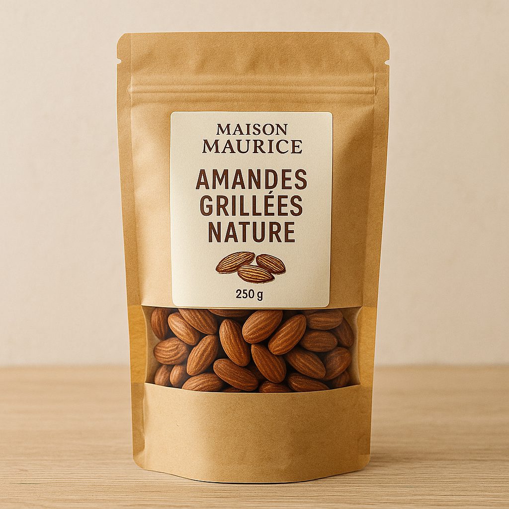 Sachet d’amandes grillées nature Maison Maurice, fabrication artisanale dans le Gard