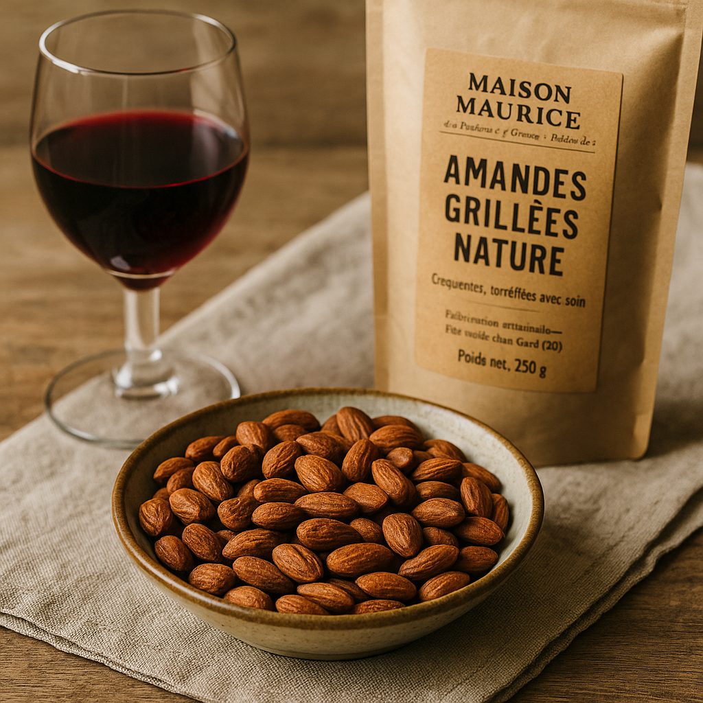 Amandes grillées nature Maison Maurice servies avec un verre de vin rouge Le Grand Pades, vigneron Christel