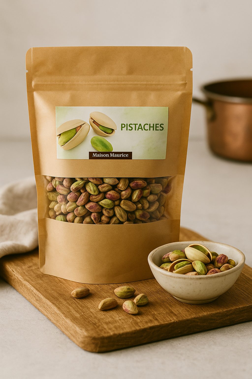 Sachet de pistaches décortiquées et bol posé sur table en bois